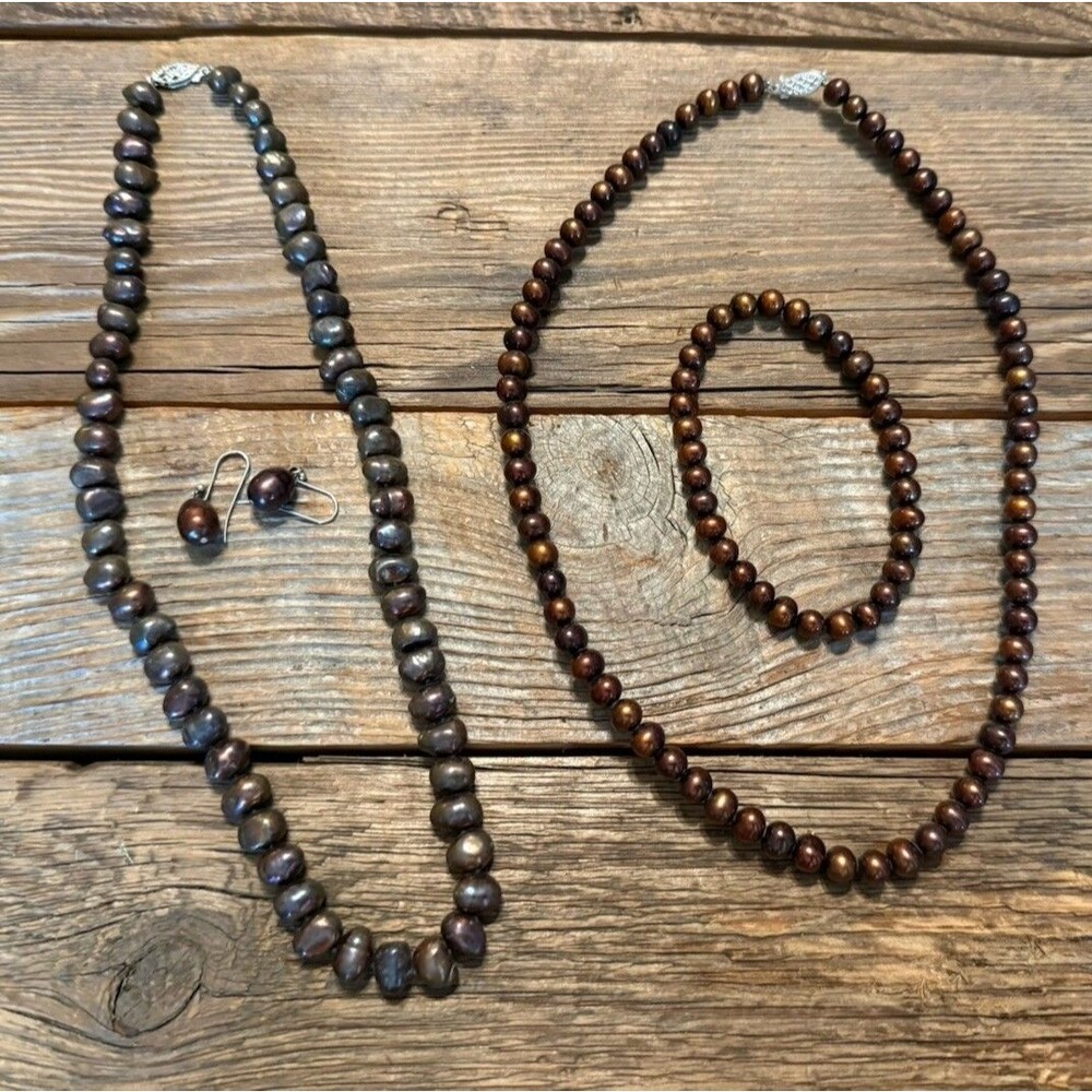 Freshwater Pearl Necklace & Earring Set & Chocolate Beaded Necklace Bracelet